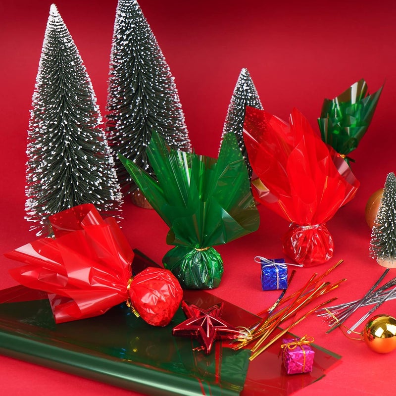 Shitailu 200Pcs Cellophane Sheets Christmas Plastic Wrap 2 Mix Colors Translucent Holiday Color Green, Red for Easter X-Mas Valentines DIY Craft Present Wrap Treats, Baskets, 12 x 12 inch (Christmas) - Image 3